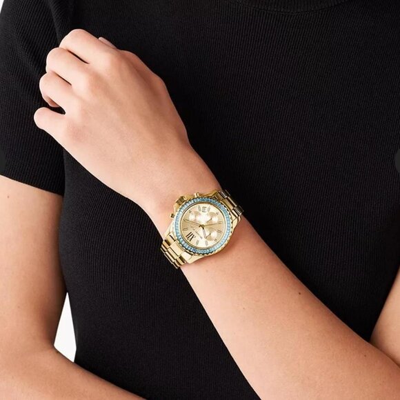 Michael Kors Everest Chronograph Gold Tone 42MM Turquoise Baguette Watch - Picture 4 of 6